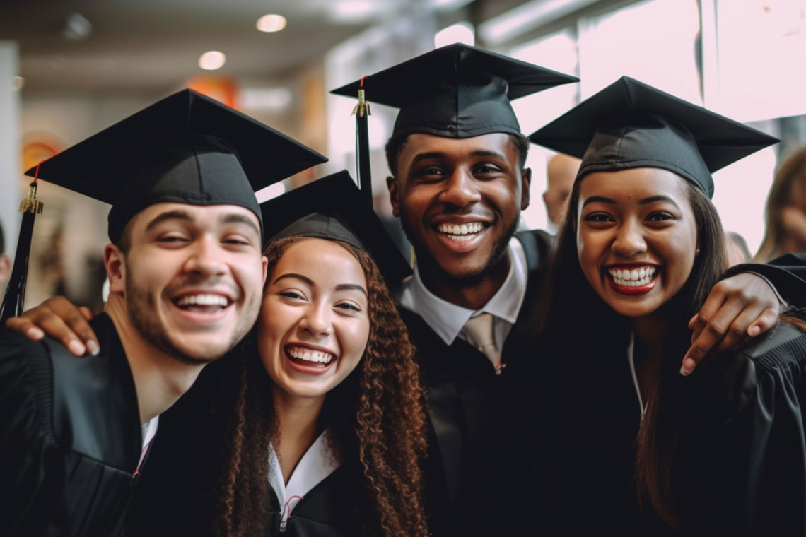 Multi-ethnic group of graduates smiling in their caps and gowns.