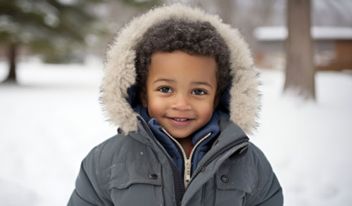 Young African American boy smiling in winter coat.