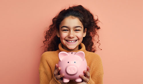 Young girl with curly hair holding piggy bank.